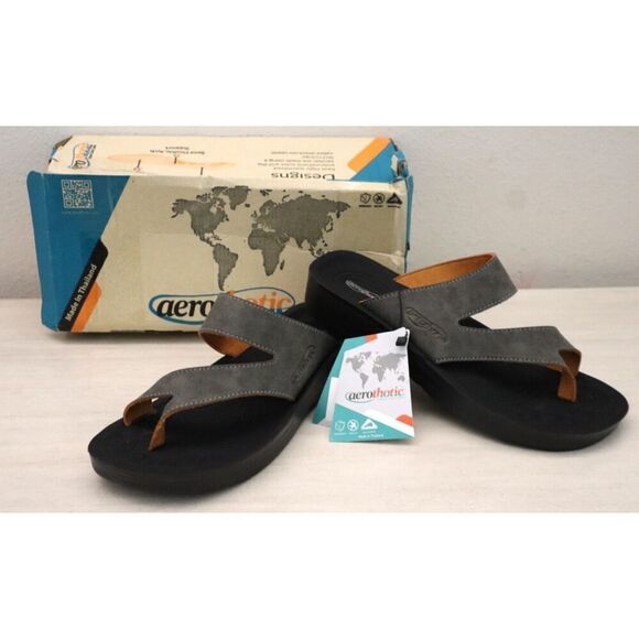 Aerothotic L0342 Women's Sz 8M Gray Vegan Suede Leather Odal Split Toe Sandals - Picture 1 of 16